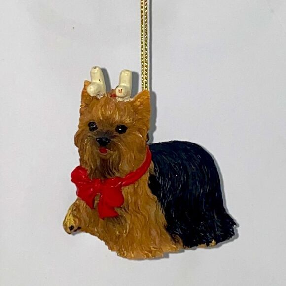 Yorkie Christmas Reindeer Ornament With Gold Tone Hanging String - Picture 1 of 6